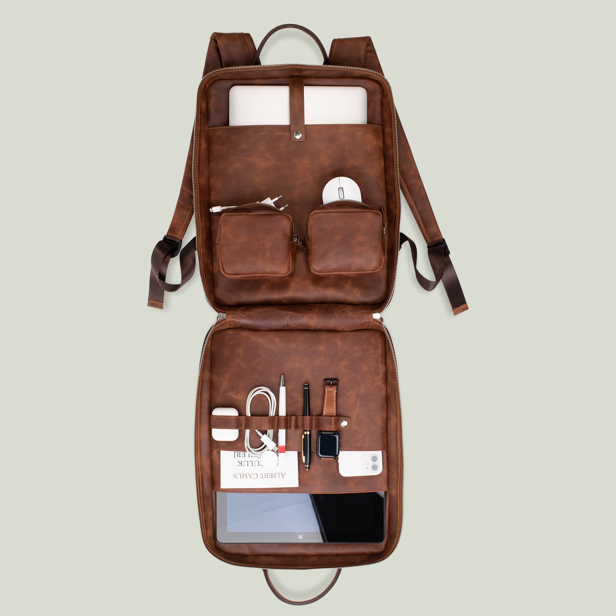 Genuine Leather Proform Organizer Backpack Brown