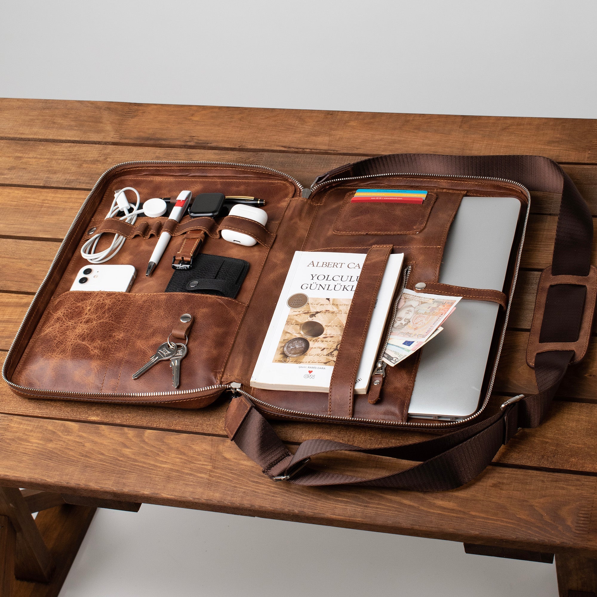 Genuine Leather 14" SlimBag Organizer Laptop Bag Brown