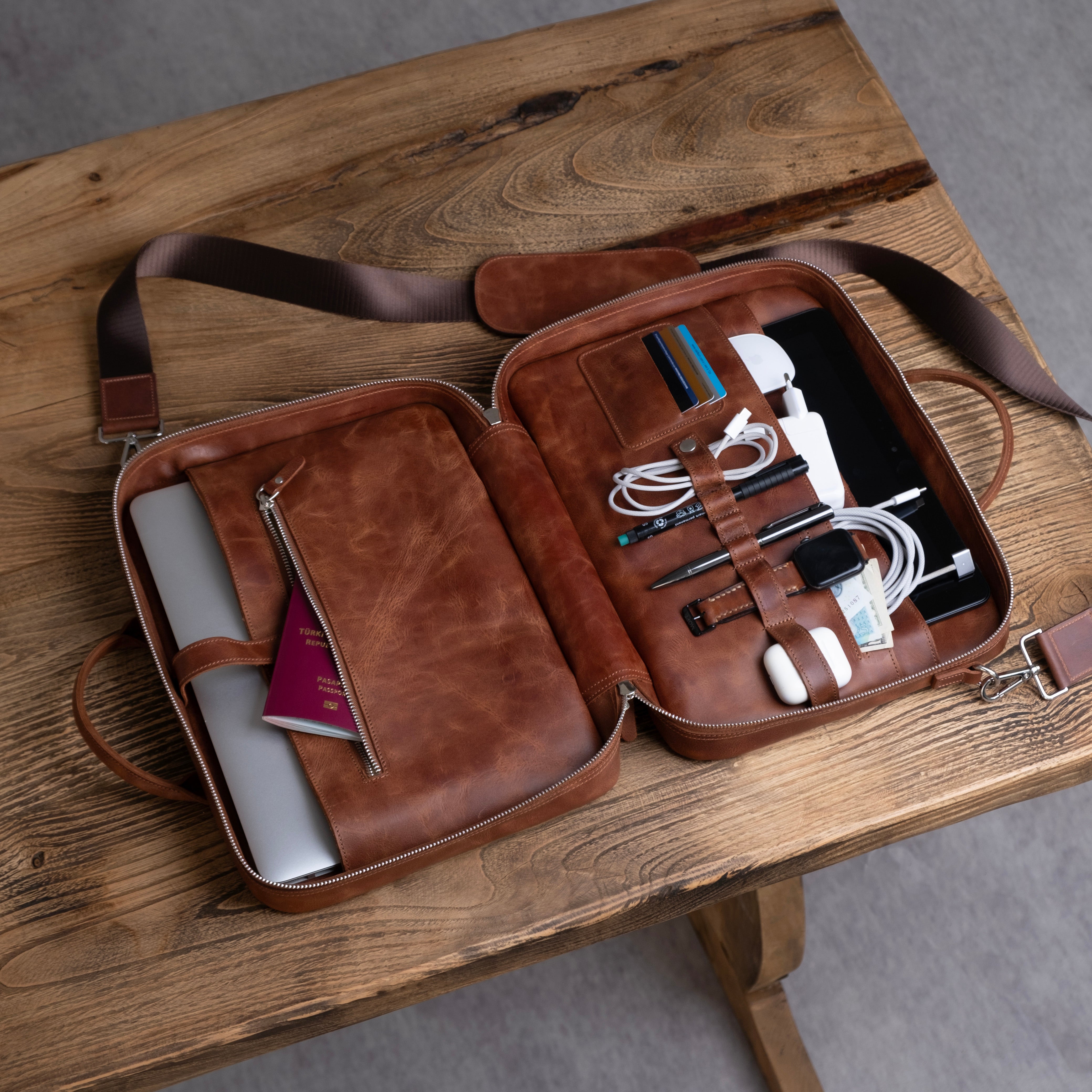 Genuine Leather Craft Prime Organizer Laptop Bag Brown