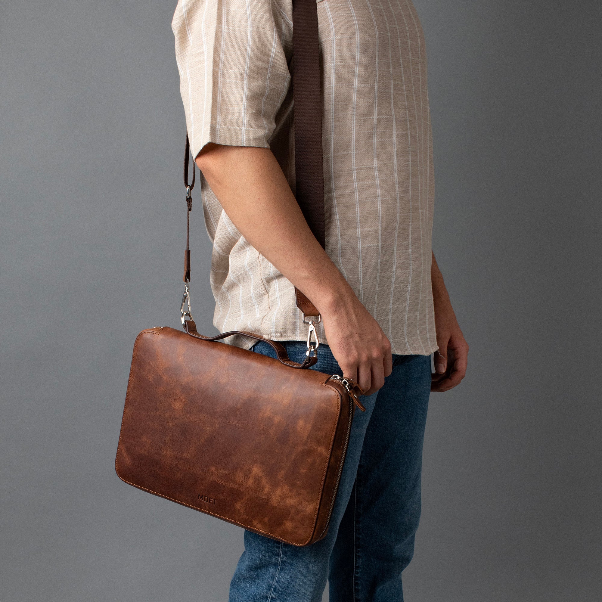 Genuine Leather 14" SlimBag Organizer Laptop Bag Brown