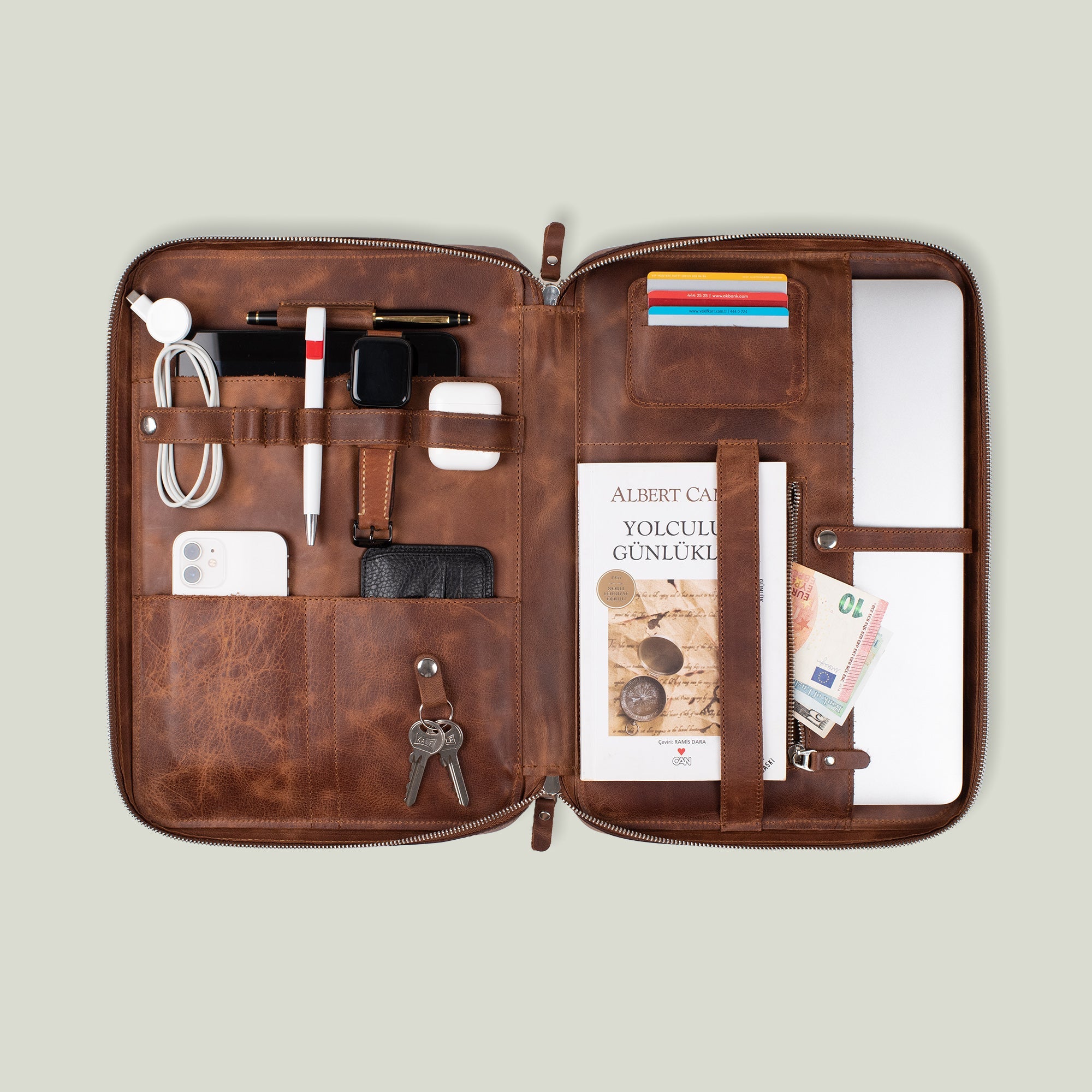 Genuine Leather 14" SlimBag Organizer Laptop Bag Brown