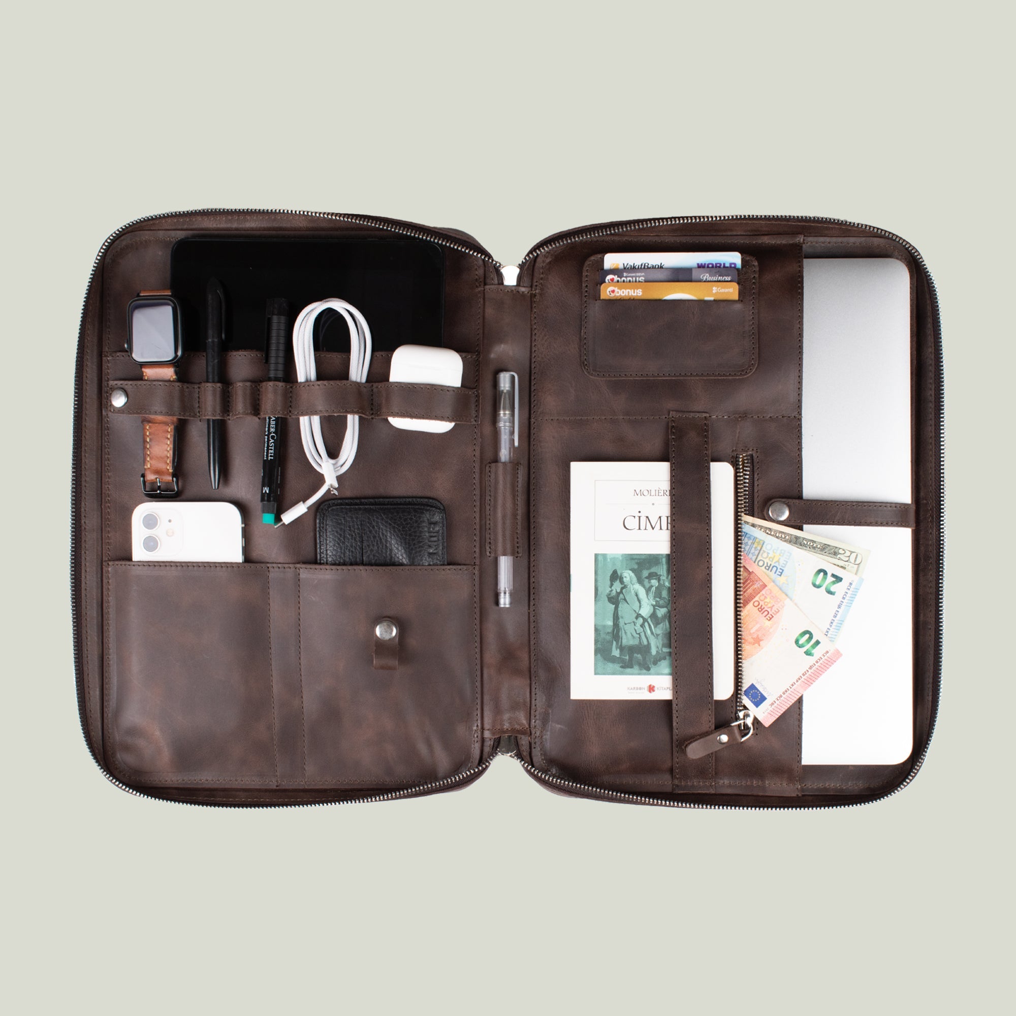 Genuine Leather 14" SlimBag Organizer MacBook Bag Brown