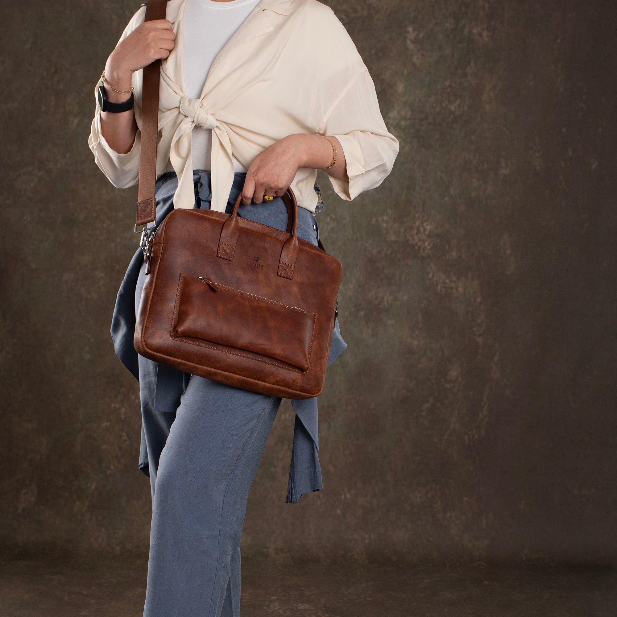 Genuine Leather Designer Briefcase Brown