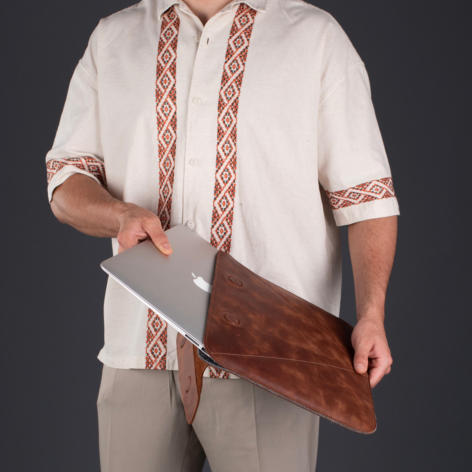 Genuine Leather Covered Laptop Case Brown