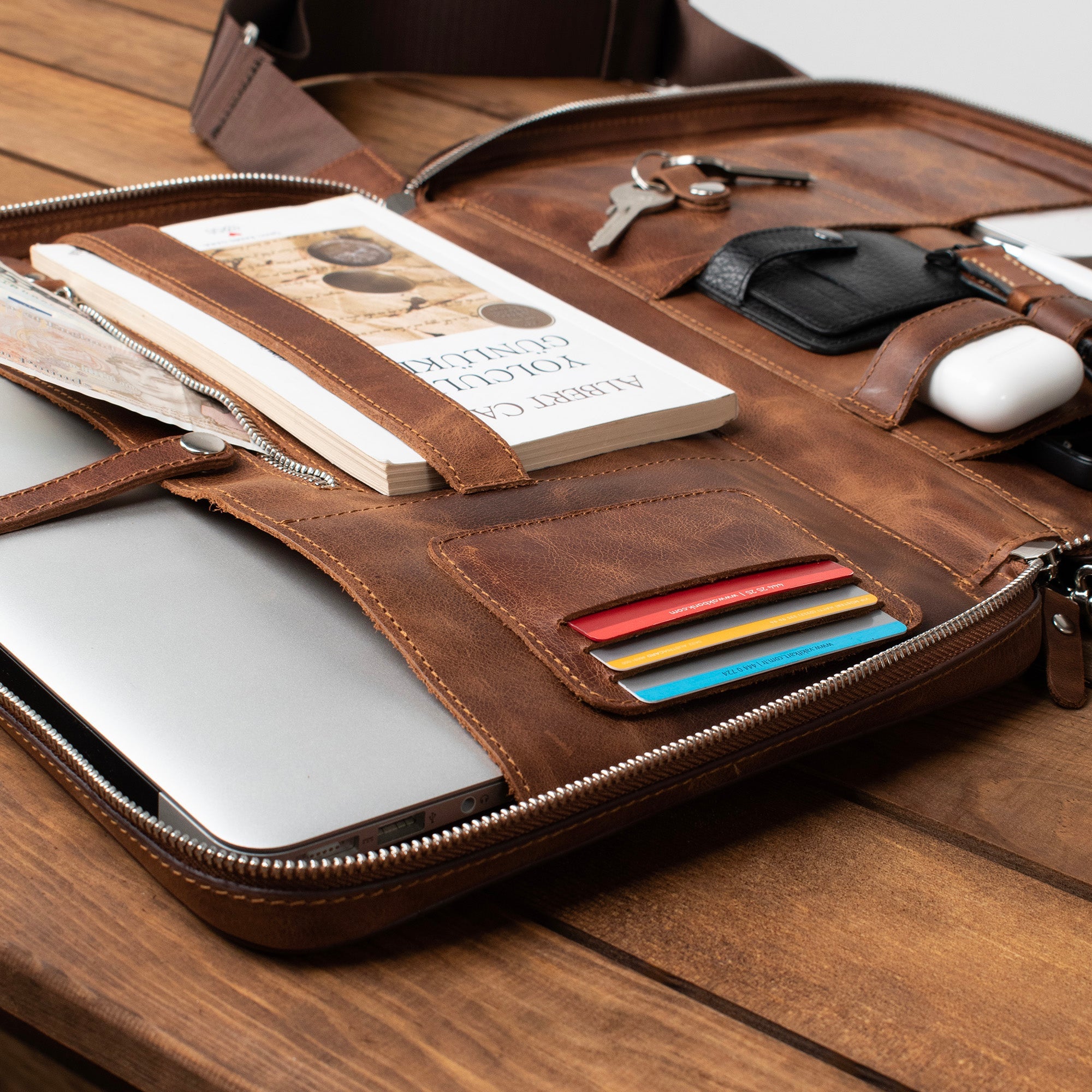 Genuine Leather 14" SlimBag Organizer Laptop Bag Brown
