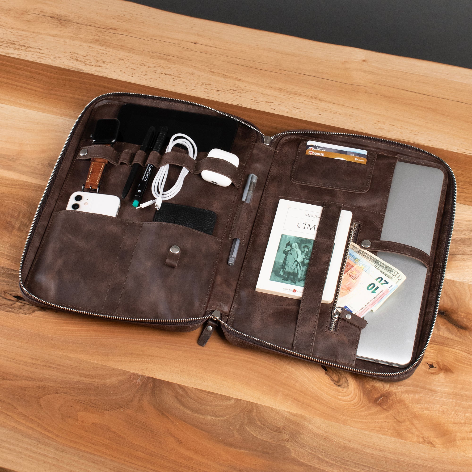 Genuine Leather 14" SlimBag Organizer MacBook Bag Brown