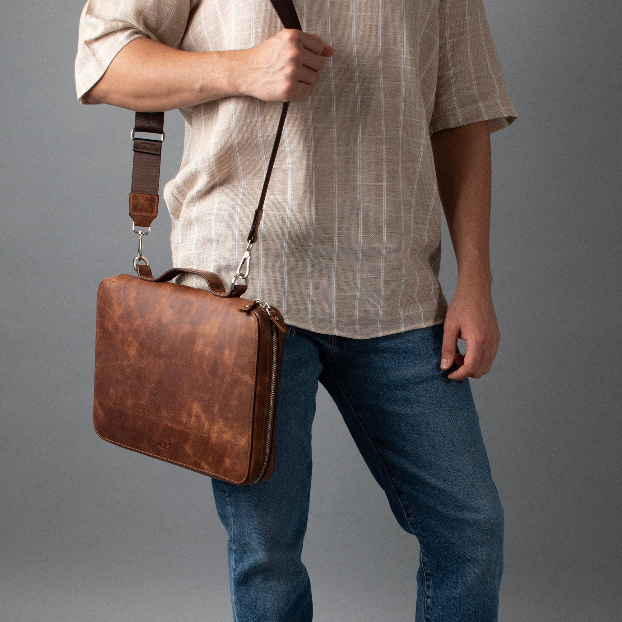 Genuine Leather 14" SlimBag Organizer Laptop Bag Brown