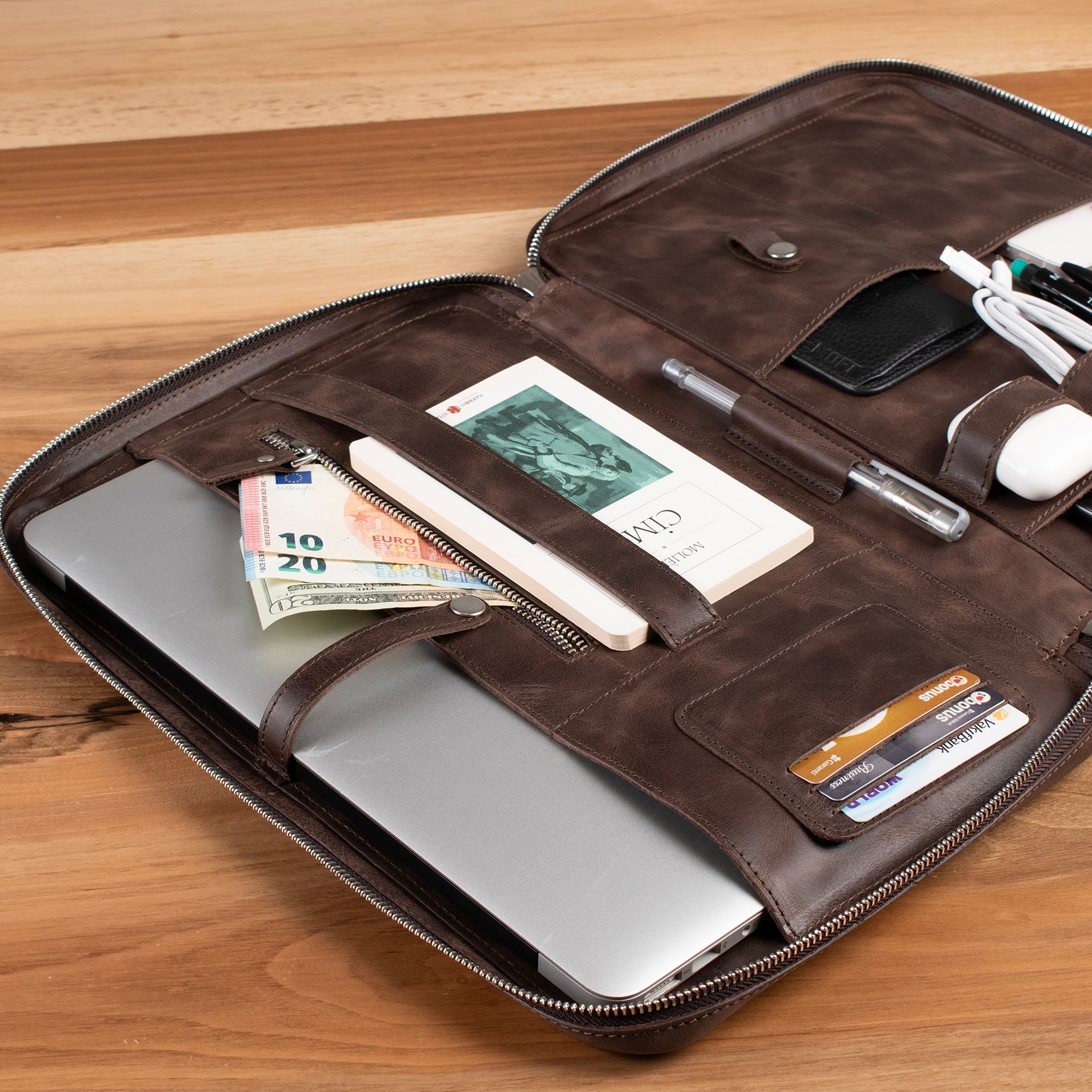 Genuine Leather 14" SlimBag Organizer MacBook Bag Brown