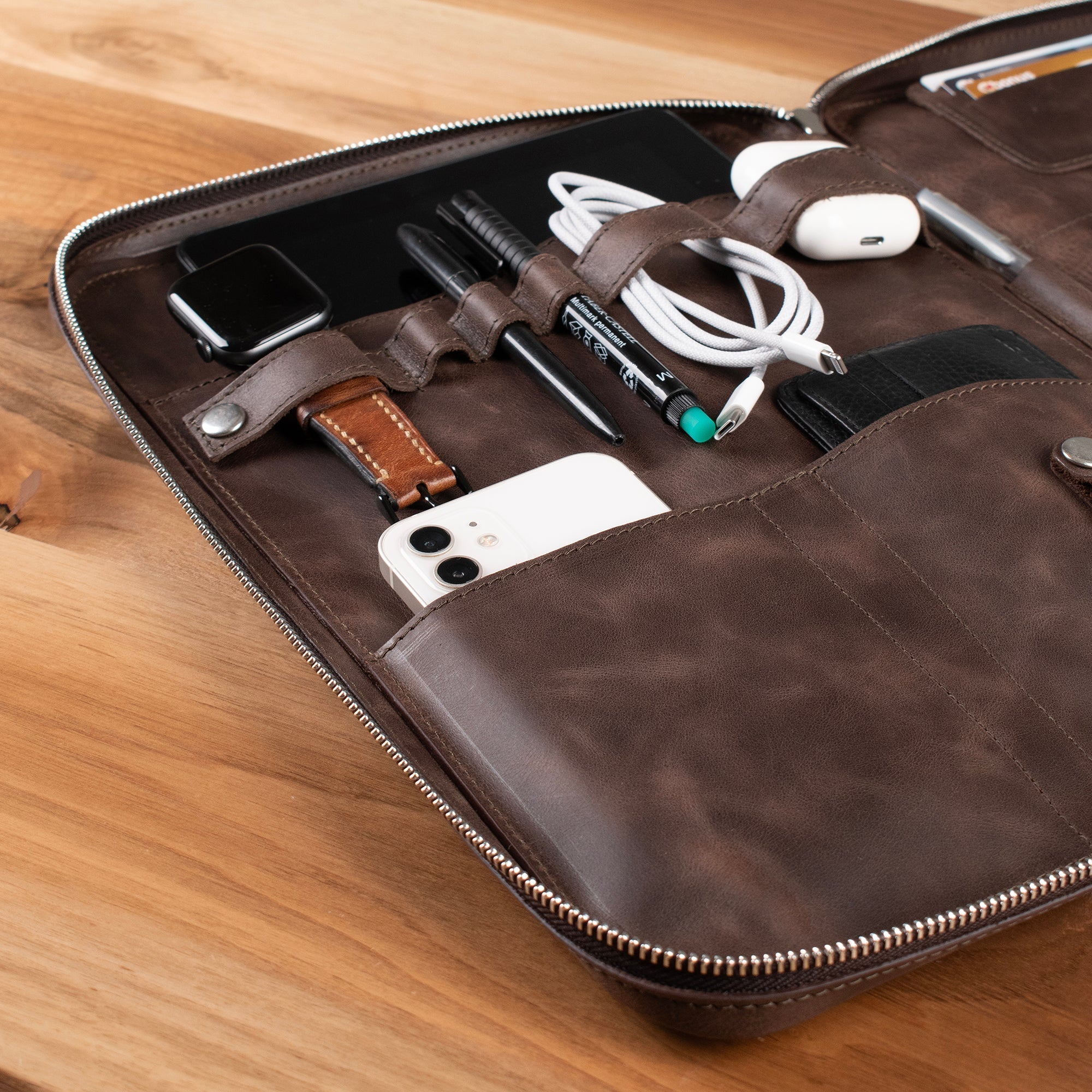 Genuine Leather 14" SlimBag Organizer MacBook Bag Brown