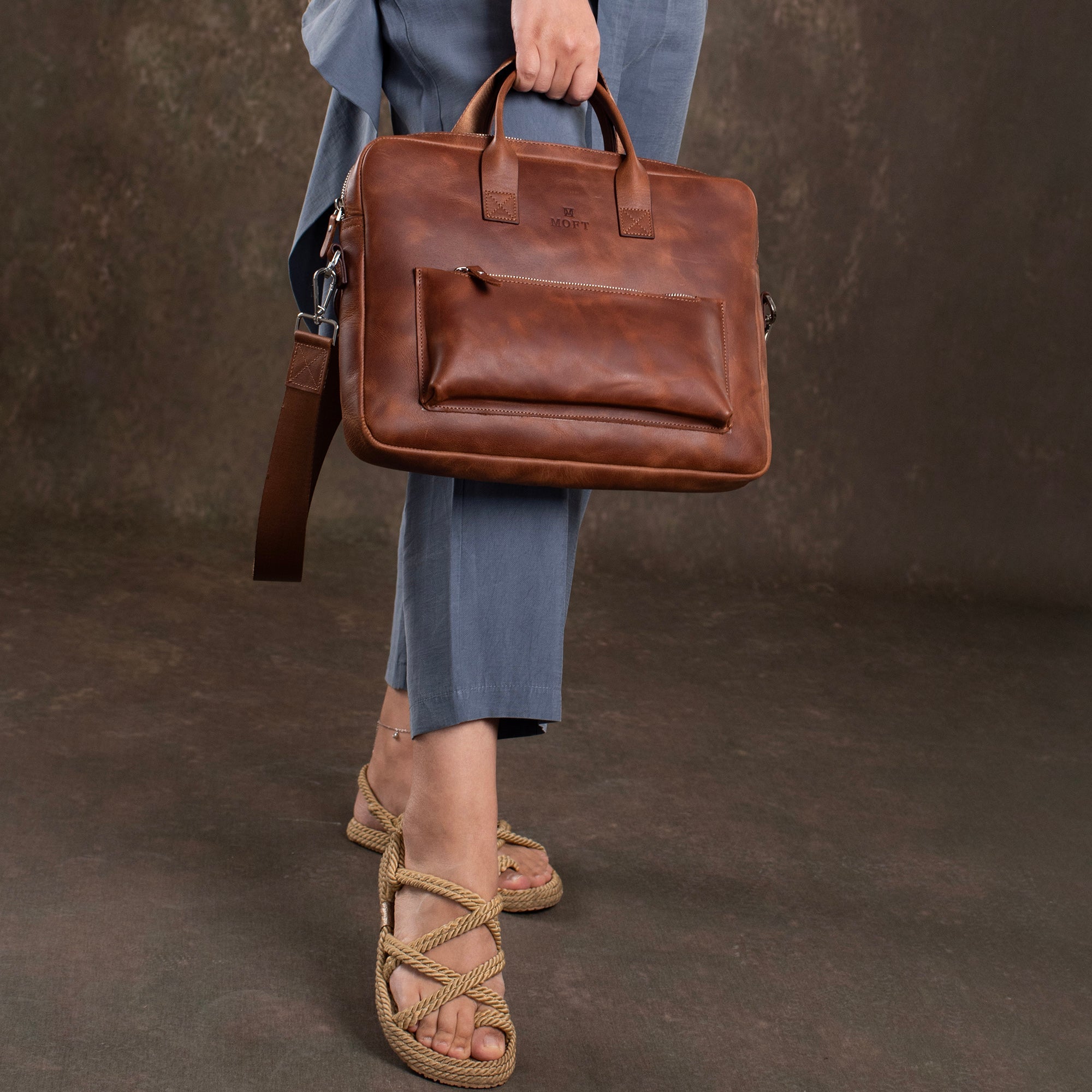 Genuine Leather Designer Briefcase Brown