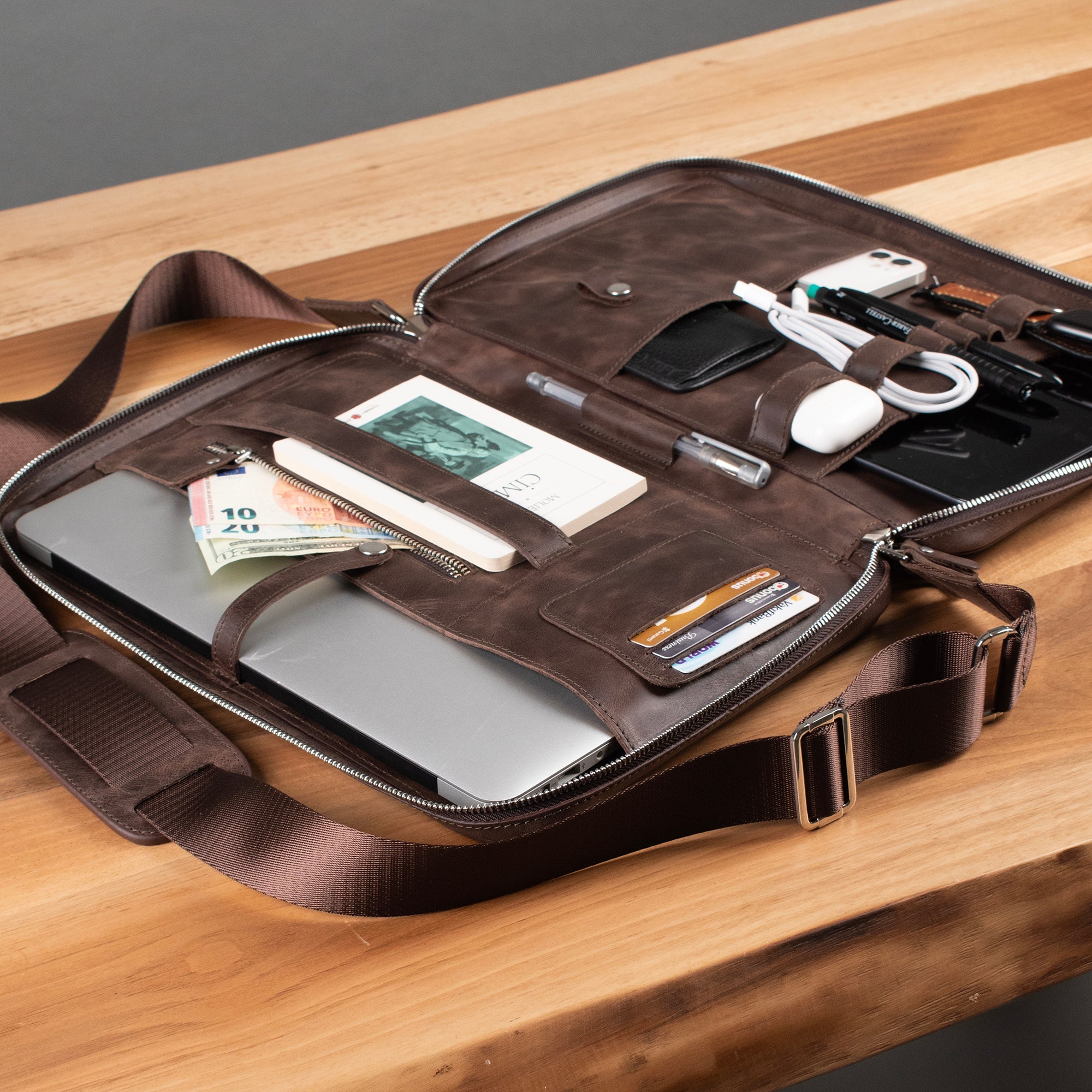 Genuine Leather 14" SlimBag Organizer MacBook Bag Brown