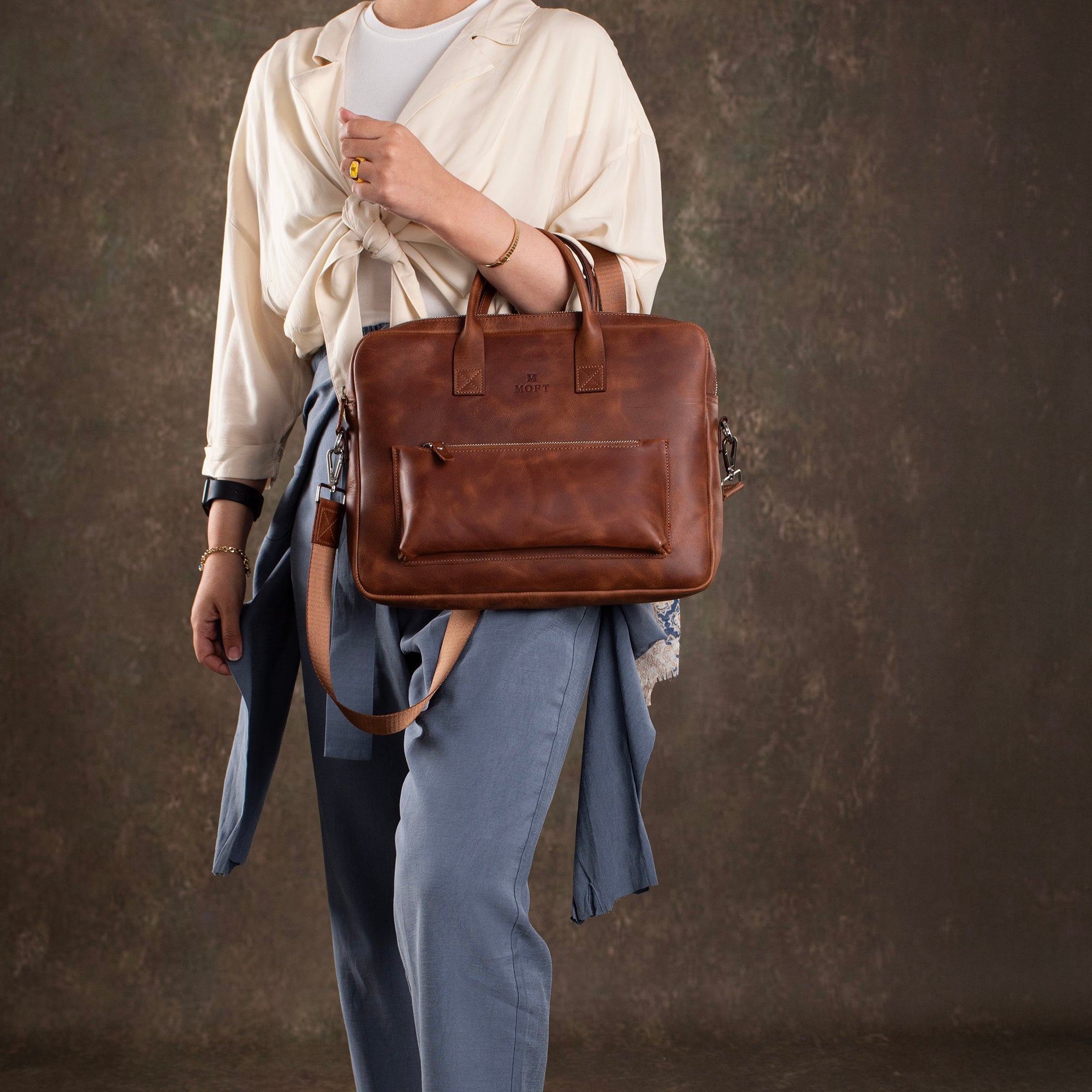 Genuine Leather Designer Briefcase Brown